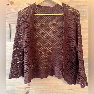 CHOCOLATE OPEN KNIT LAYERING CROCHET SHRUG SWEATER COTTAGE CORE